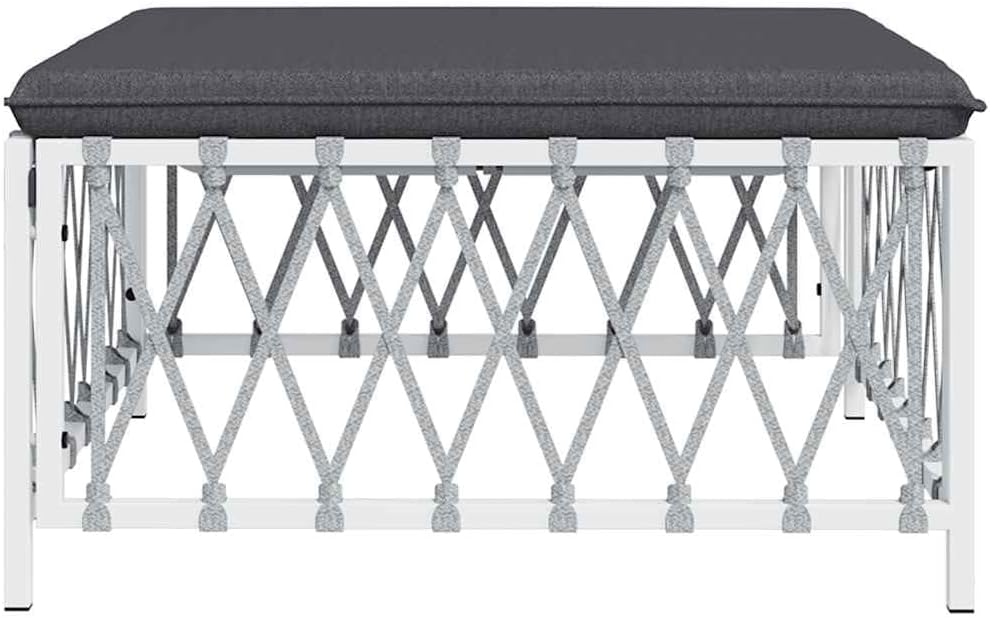 Patio Footstool with Cushion, White Woven Fabric Ottoman, Powder-Coated Steel...