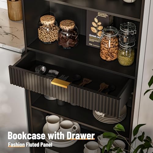 INNOD 7-Tier Bookshelf with Storage, 72" Tall Bookcase with Drawer, Disp...