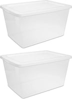 2-Pack 58 Quart Clear Storage Bins with Snap-On White Lids, Stackable Plastic Containers for Home Organization, Closet, Bedroom, Garage Storagea