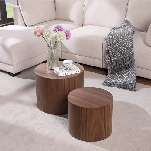 Round Coffee Table Set of 2, Nesting Coffee Table and End Table Set Wood Smal...