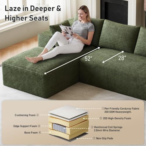 ONEMMLION 96" L-Shaped Cloud Couch Sofa with Chaise, Green | Corduroy Co...
