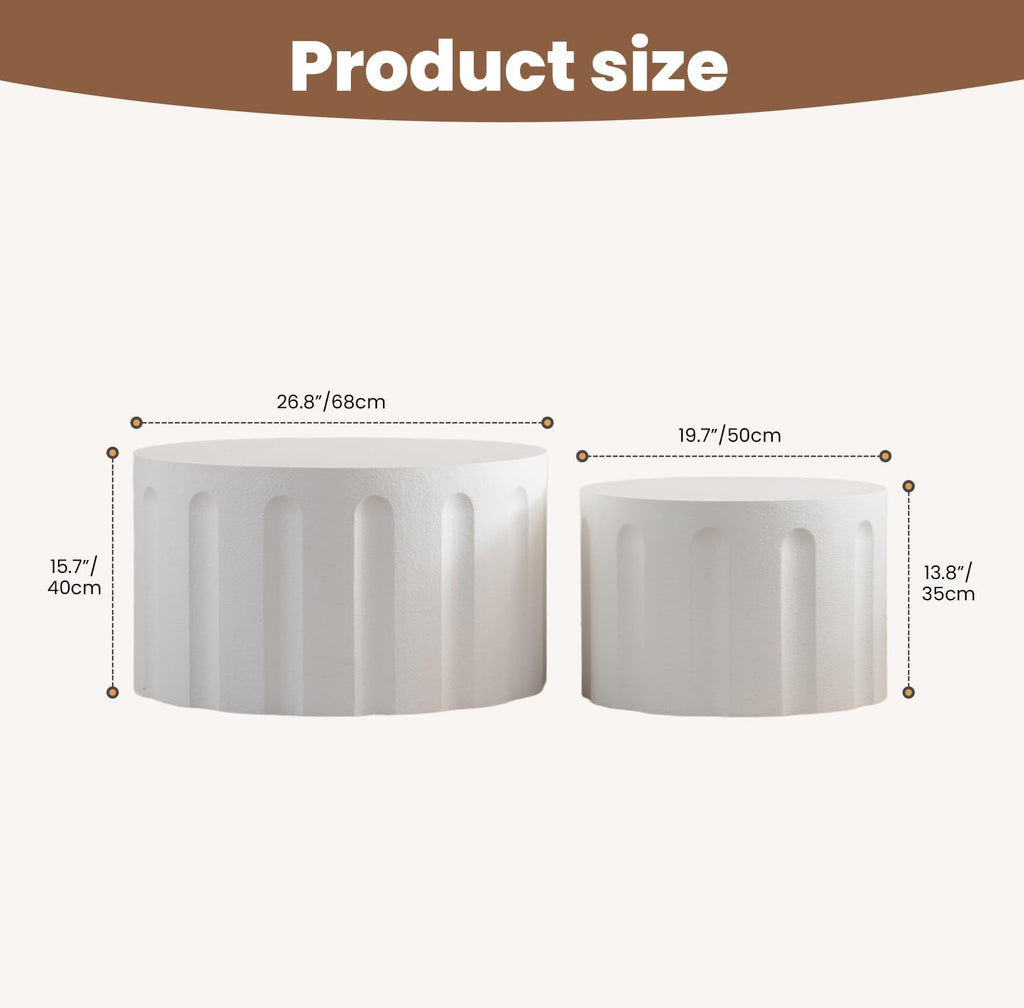 WXFKLDJ Fluted Round Nesting Coffee Table Set of 2, White B, 26.77"+19.69" | Modern Unique Circle Design, Drum Side Tea Table, Space-Saving, No Assembly