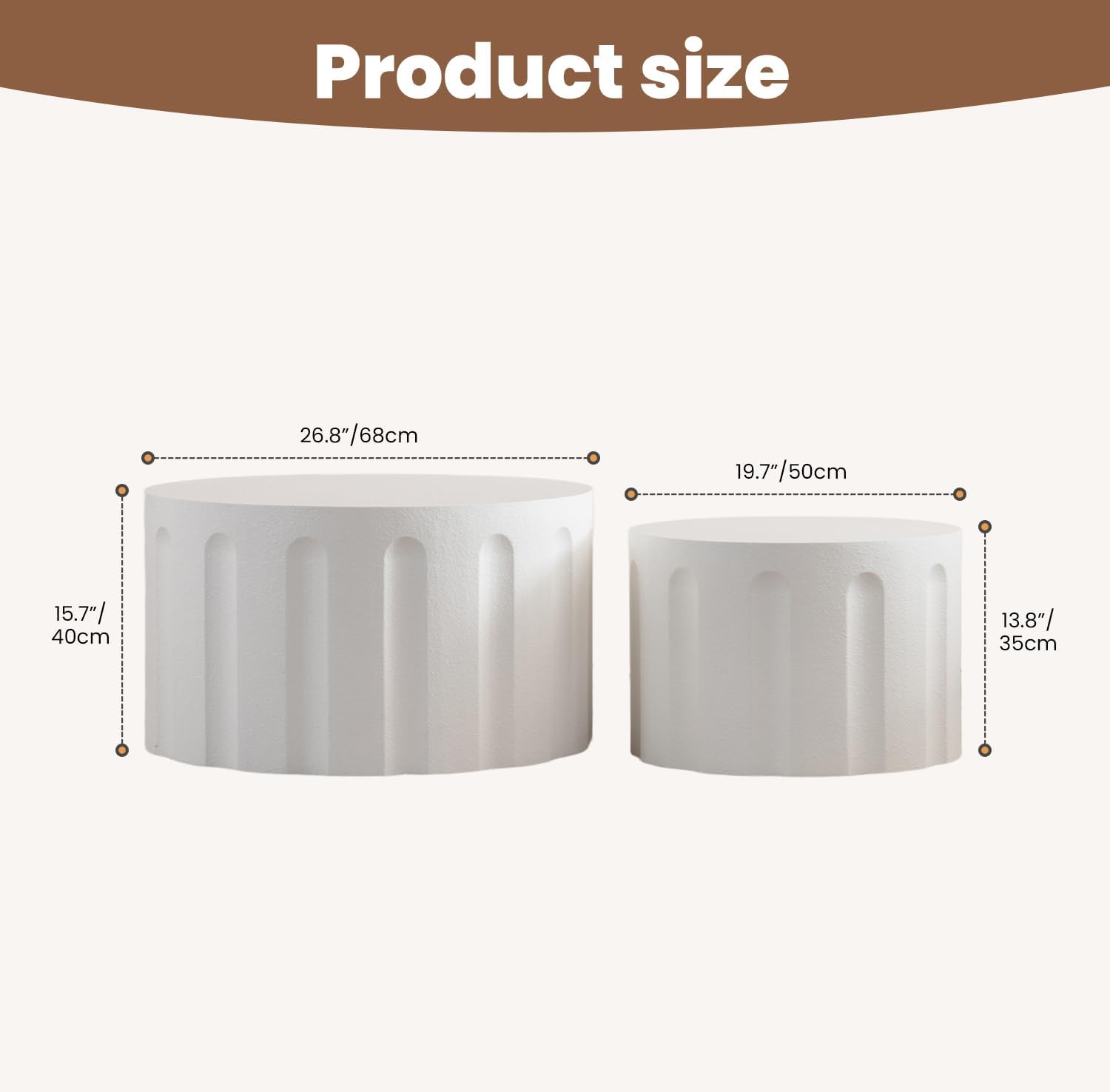WXFKLDJ Fluted Round Nesting Coffee Table Set of 2, White B, 26.77"+19.69" | Modern Unique Circle Design, Drum Side Tea Table, Space-Saving, No Assembly