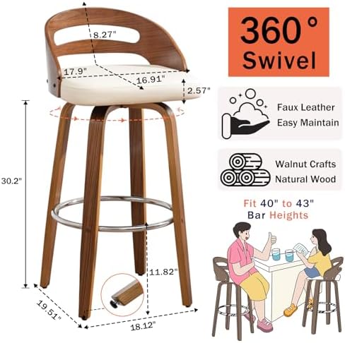 Swivel Bar Stools Set of 3, 30 inch Mid Century Bar Stools with Bentwood Curved Back, Walnut Craftsmanship, Upholstered Faux Leather, Bar Height BarStools for Bar/Cafe/Pub (Beige, 30" Seat Height)