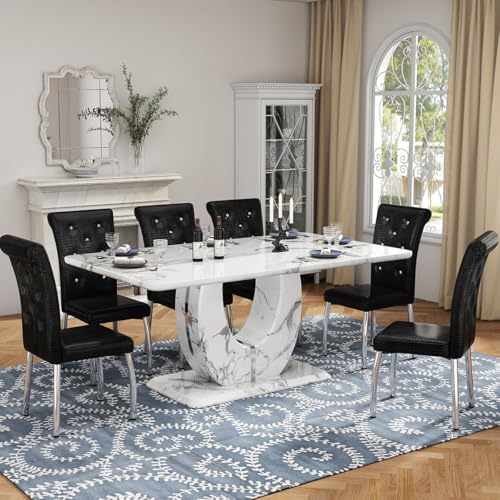 Modern Faux Marble Dining Table Set for 6, 63" White Rectangular Kitchen Table with Elegant U-Shaped Pedestal Base & 6 Tufted Upholstered High-Back Chairs, Luxury 7-Piece Dining Room Furniture Set