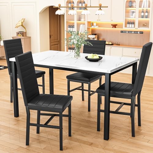 Hooseng Dining Table Set for 4, 5-Piece Faux Marble Dinner Table Set with 4 U...