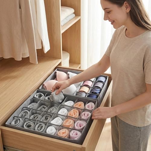 2 Pack Foldable Sock Drawer Organizer Divider, 24-Cell Underwear Organizers Closet Storage Box with Zipper, Strong Fabric for Socks, Shorts, Handkerchiefs, Ties, Belts (Grey)