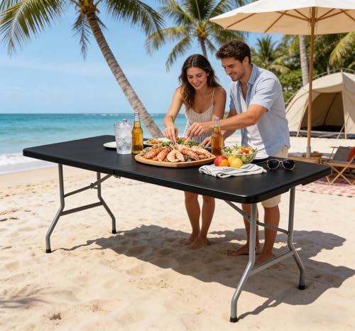 8Ft Folding Table Plastic Portable with Built in Handle & Steel Legs Blac...