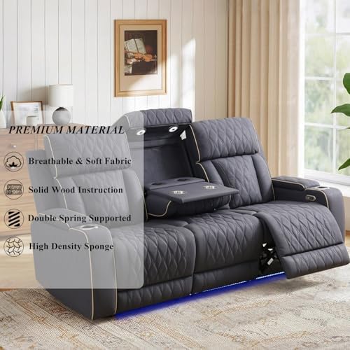Power Reclining Sofa Set with USB Charging/LED, Blueish Grey Leather Recliner...