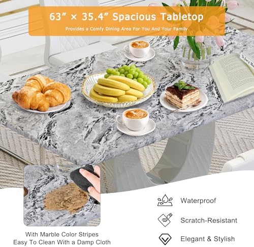 JUFU 5-Piece Dining Table Set for 4, 63-Inch Faux Marble with PU Chairs