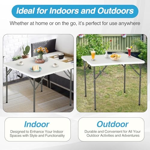 FDW | 34" Folding Table | White | Portable Plastic Table | with Carry Ha...