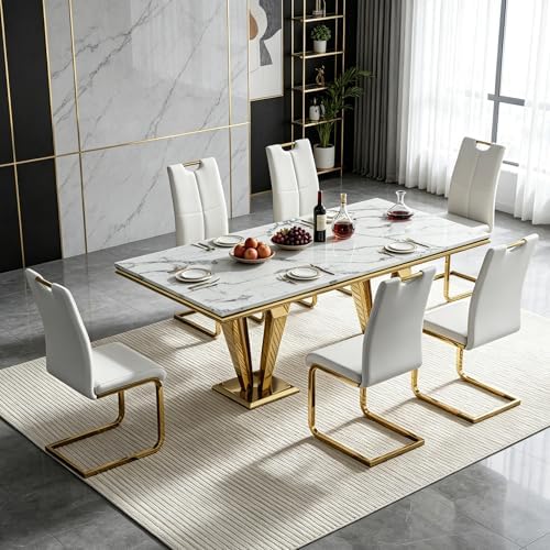 HomVent 68.11" Rectangle Faux Marble Dining Table Set for 6,Diamond Base...