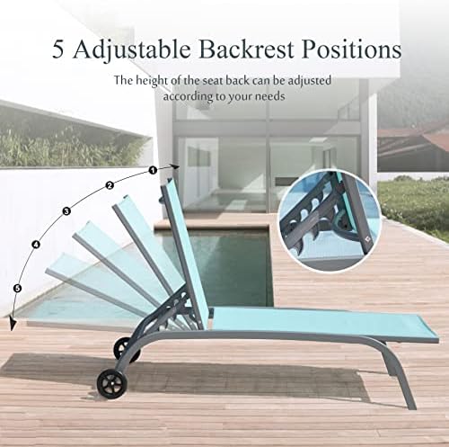 Domi Chaise Lounge Outdoor Set of 3 Lounge Chairs for Outside w/Wheels, 5 Adj...