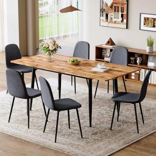 59"-75" Extendable Dining Table Set for 6, Mid Century Dining Room Table Set for 6, Modern Wood Kitchen Table Upholstered Chairs Set of 6, Ideal for Dining Room,Office, Space-Saving, Easy to Assemble
