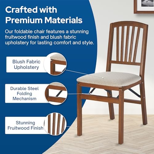 MECO Stakmore Slat Back Wooden Folding Chairs with Padded Seats, Set of 2 - N...