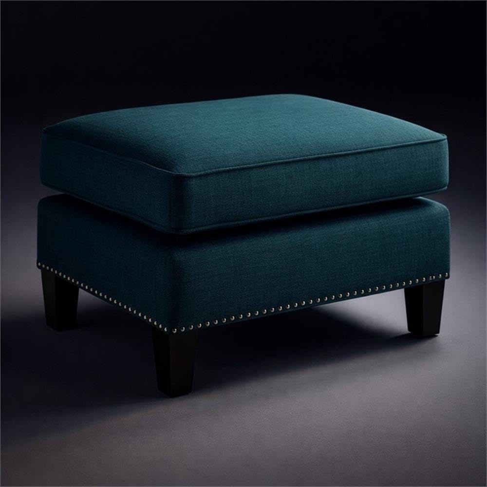 BOWERY HILL Solid Wood Frame Ottoman, Teal Fabric Upholstery, Nail Head Trim,...