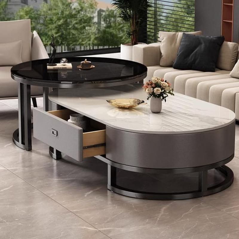 LAKIQ Oval Stone Nesting Coffee Table Set of 2 Living Room Center Table with ...