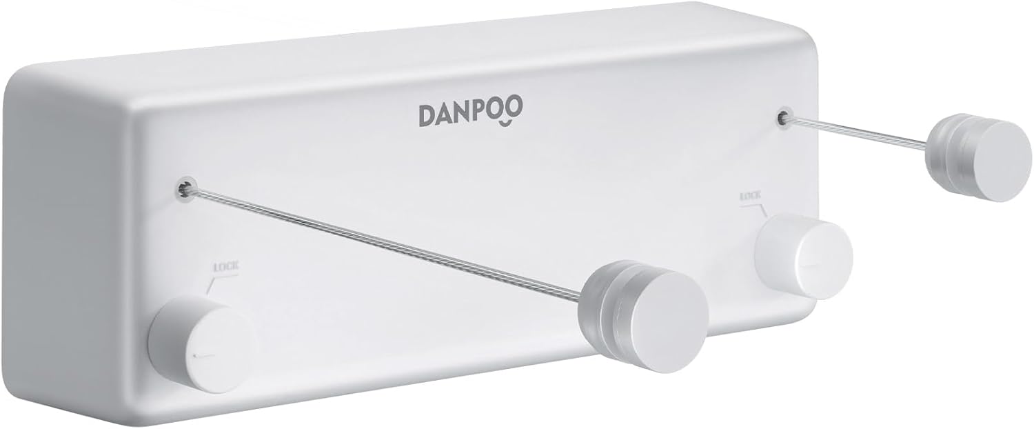 Danpoo Retractable Clothesline, 2x13.8ft Stainless Steel Clothes Line for Indoors/Outdoors, Wall-Mounted Laundry Drying with Auto-Lock, Heavy Duty(White)