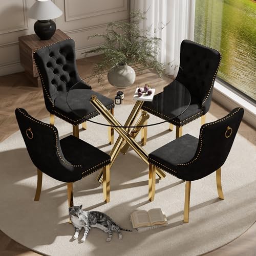 5 Pieces Gold Round Glass Dining Table Set, Modern Luxury Circle Kitchen Set ...