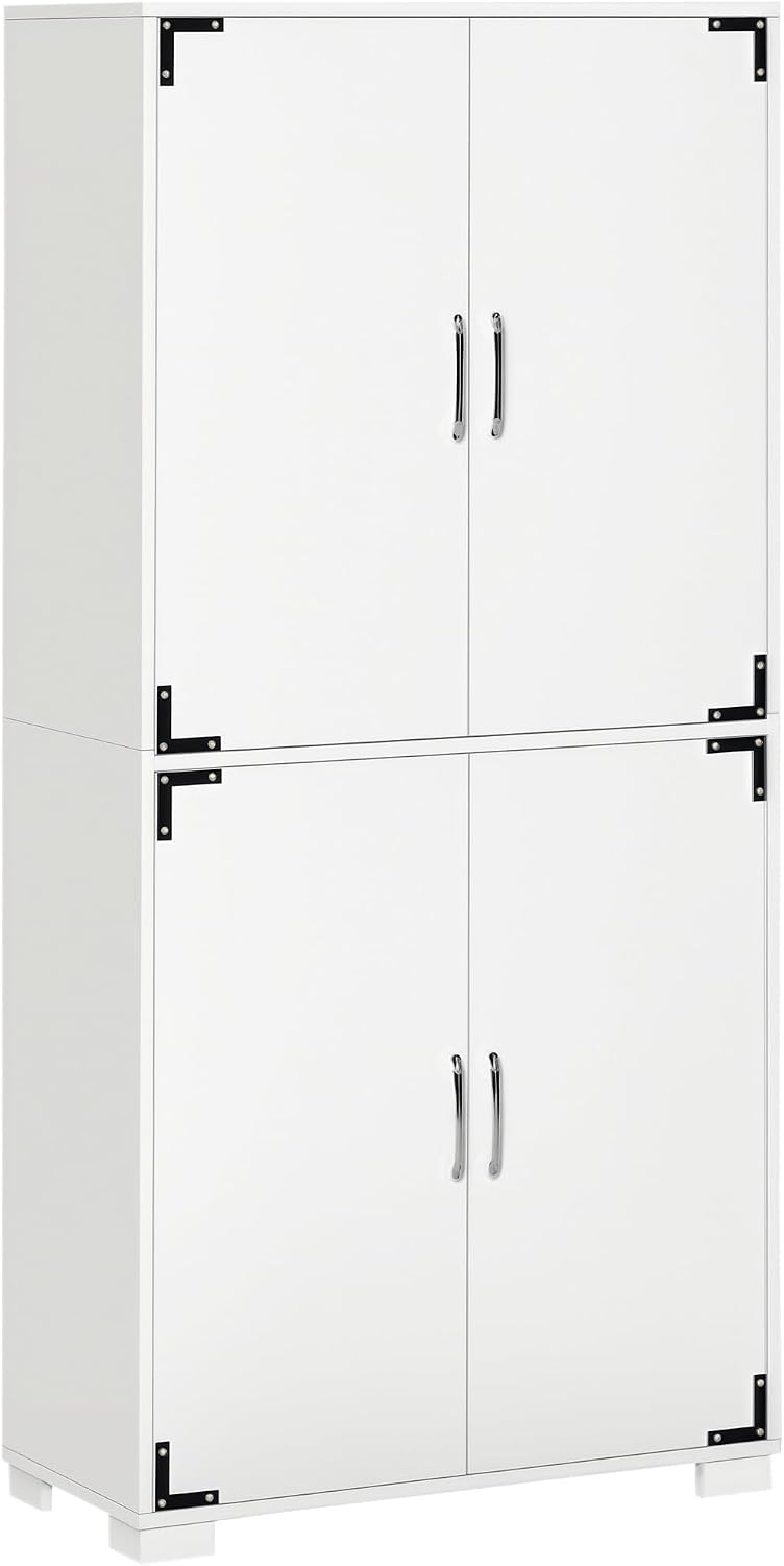 HOMCOM Industrial Kitchen Pantry Cabinet with 4 Doors, White | Storage Shelves, Freestanding Storage Cabinet