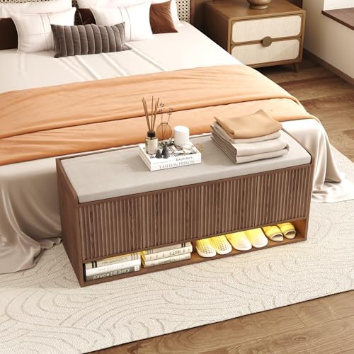 HOMEFORT 47.2" Fluted Shoe Storage Bench, Entryway Bench with Linen Seat...