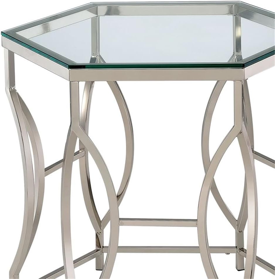 BOWERY HILL Contemporary Metal End Table, Chrome Finish, Hexagon 8mm Tempered...
