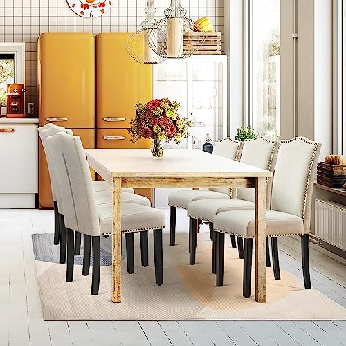 Yaheetech Dining Chairs Set of 6 Upholstered High Back Kitchen Chairs Beige