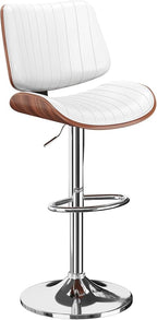 Swivel Bar Stools Set of 1, Adjustable Bentwood Barstools for Kitchen Counter, Modern PU Leather Upholstered Bar Chair with Back and Footrest, for Kitchen Island, Bar, Dining Room, White