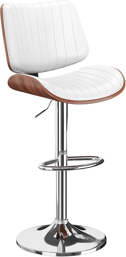 Swivel Bar Stools Set of 1, Adjustable Bentwood Barstools for Kitchen Counter, Modern PU Leather Upholstered Bar Chair with Back and Footrest, for Kitchen Island, Bar, Dining Room, White