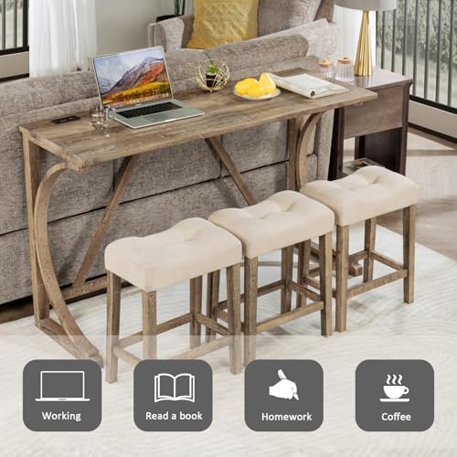 4-Piece Bar Table Set with Power Outlet, Dining Table and Chairs Set with 3 P...