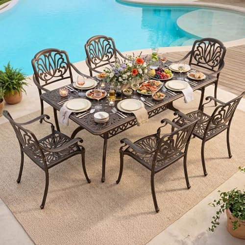 VINGLI 7-Piece Outdoor Dining Set, Cast Aluminum Patio Furniture Set for 6 wi...
