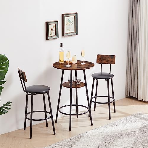 23.6" 3 Piece Round Bar Table and Chair Set with Shelf Rustic Brown | Ru...