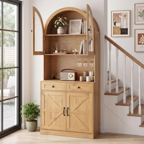 75" Oak Coffee Bar Cabinet Arched Kitchen Pantry Charging Station | Farm...