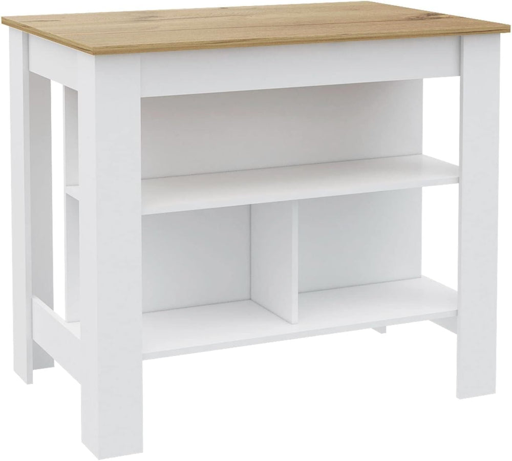 Kitchen Island with Open Shelves, White and Light Oak | 3 Storage Shelves, Wi...