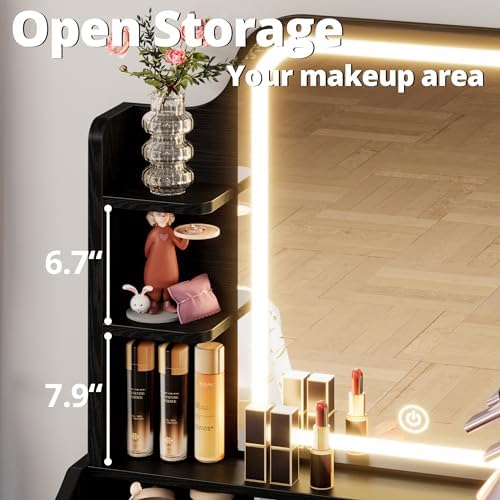 LIKIMIO Small Vanity Desk with Mirror Lights and Storage Stool | Black compac...