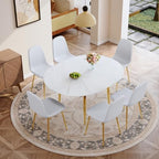 FURNITO Round Dining Table Set for 6, 42"-54" Extendable Dining Room Table Set for 6, White Kitchen Table with Upholstered Chairs Set of 6, 7 Piece Dining Table Set for Small Spaces, Easy Assembly