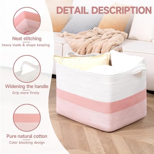 CLHMILY&Z Stylish Square Cotton Rope Storage Basket (Pink & White, 110L)