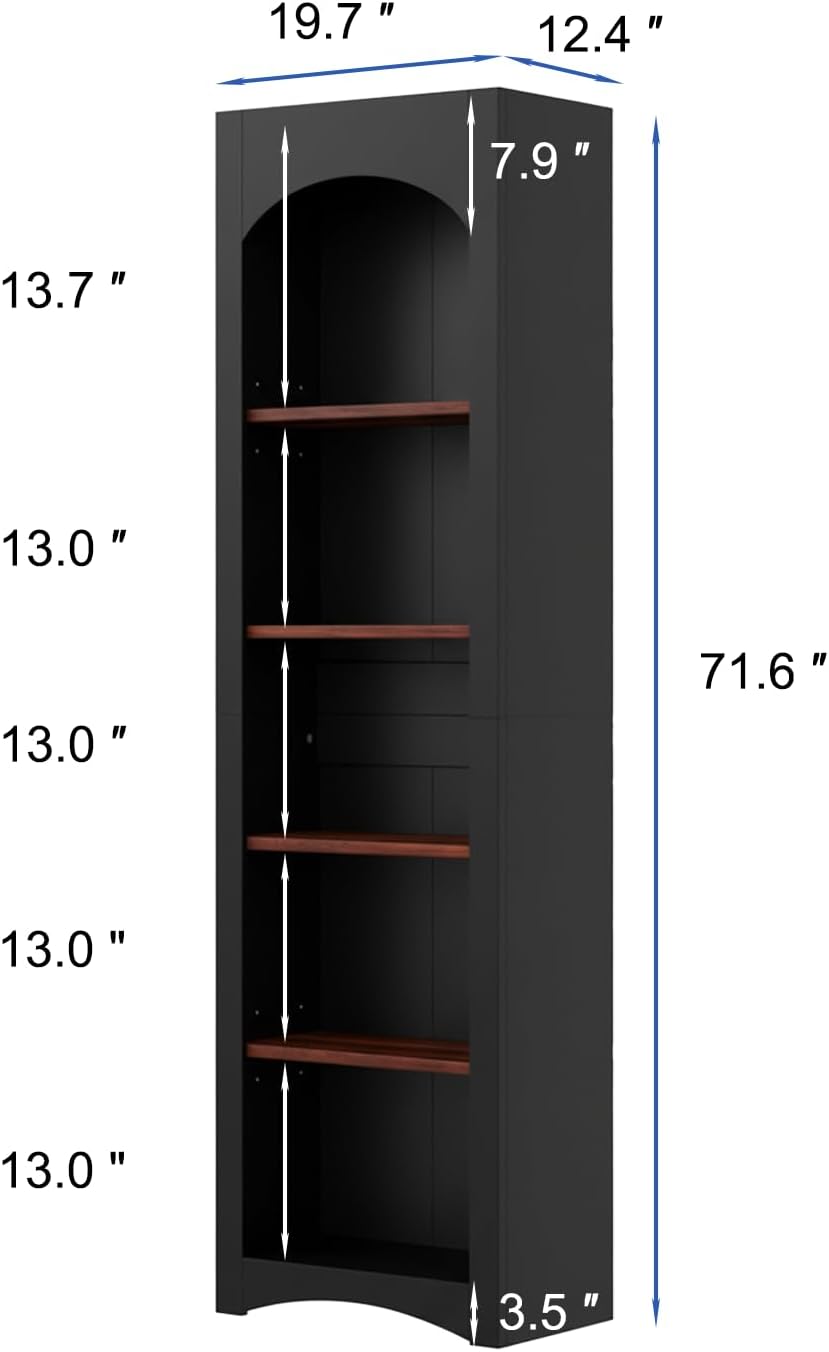 holzart 71.6" Tall Farmhouse Bookshelf, 5-Tier Narrow Bookcase & Storage Cabinet, Freestanding Kitchen Pantry Organizer with Adjustable Shelves for Living Room, Home Office, Black