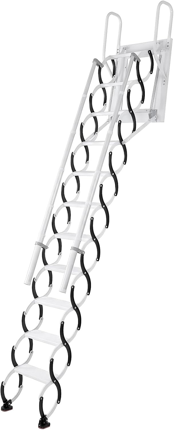11 Steps Ceiling Mount Attic Staircase with Handrails, Foldable Loft | Includes 11-step wall-mounted attic stairs with handrails for home or garage. Space-saving foldable design, high stability,