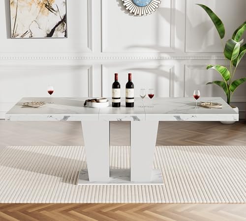 White Faux Marble Dining Room Table Set for 6, 7-Piece 63"-78.74" E...