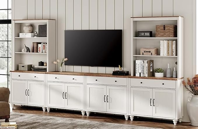 WAMPAT Entertainment Center with Bookshelves for TVs up to 75", Farmhouse Wall Unit TV Stand with 8 Doors & 4 Drawer, Media Console Table for Living Room, Bedroom & Home Theater, Off White