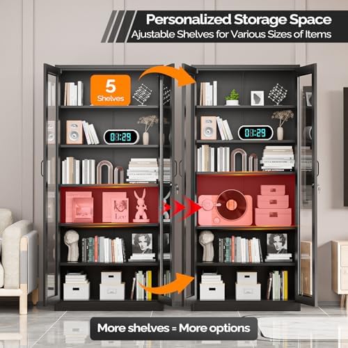 VINGLI Lockable Display Cabinet with Glass Doors & 5 Adjustable Shelves, ...