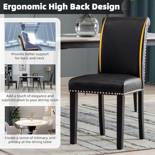 Dining Room Chairs Set of 6, Upholstered PU Leather, Rubber Wood, Black