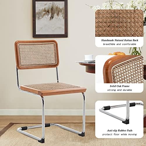 Dining Chairs Set of 2,Natural Rattan Seat Kitchen Accent Side Chair-Brown