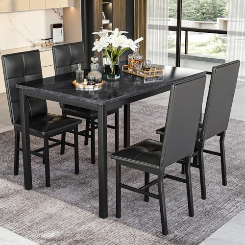 Hooseng Dining Table Set for 4, Faux Marble Small Kitchen Table with 4 PU Lea...