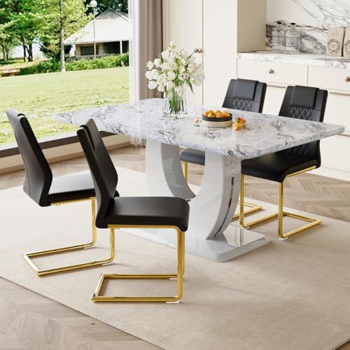 JUFU 5-Piece Dining Table Set for 4, 63-Inch Faux Marble with PU Chairs