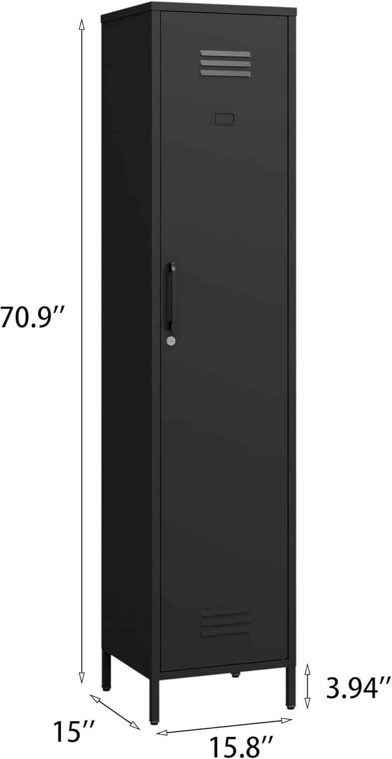 Tall Single Door Metal Locker with Adjustable Shelves, Black Tall Metal Locke...
