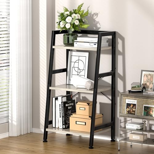 3-Tier Bookshelf, Ladder Shelf, Stand up Shelves, Industrial Bookcase with St...