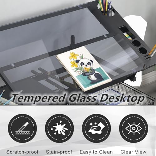 Drafting Desk w/Stool & Storage, Glass Art Table for Artists,Black