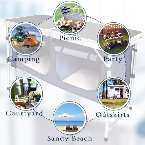 Folding Camping Table with Storage Compartment Aluminum Lightweight Camp Kitc...